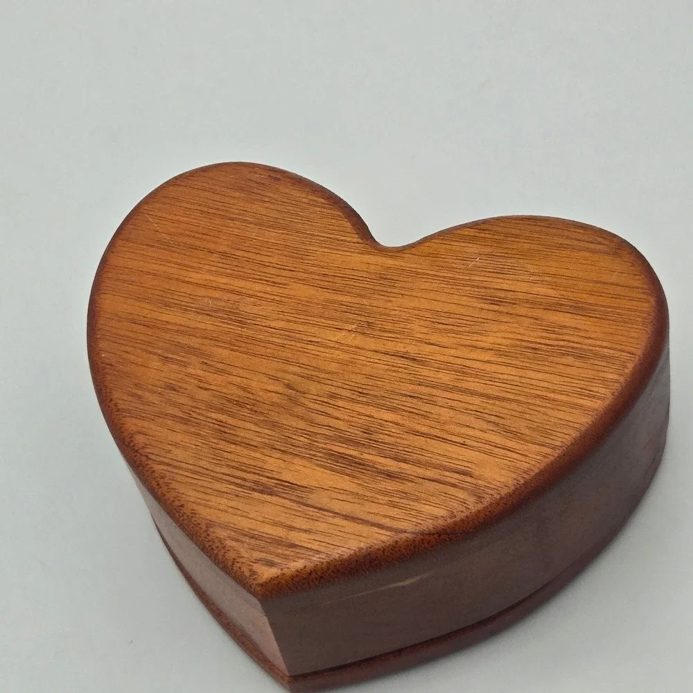 Vintage Handmade Heart Shaped Wood Trinket Box Rose Details Felt Lined Cottage